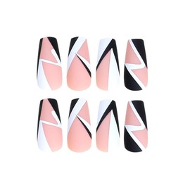 24 Pcs Nail Tips Coming of Age Flesh Nail Black and White Line Geometry Decoration Long Nail Cute Nail Tips French Nail Tips Solid Color Ballet Shoe Shape Pink