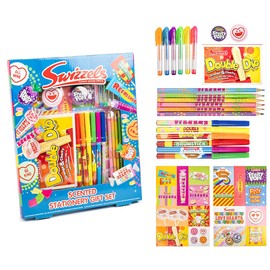 RMS Swizzels Scented Stationery Gift Set – Includes Sweet Scented Pens & Pencils Stickers & More – Fun Writing & Colouring Set for Kids & Adults