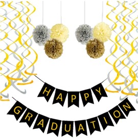Graduation decorations 2025, Happy Graduation Banner with 6 Pom Poms 2 Gold 2 Yellow 2 Sliver, 6 Swirls 3 Gold 3 Sliver, party decorations 2025, Party Supplies 2025,