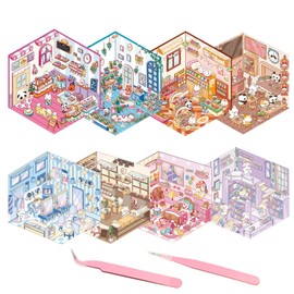 FOSDICK 8 Sets DIY 3D House Stickers + 2 Pieces Tweezers, 3D Sticker Scene, Fun DIY Stickers Scene, Room Sticker Book, Fun DIY Stacking Scene Stickers, DIY 3D Sticker Scene Stickers for Adults Kids