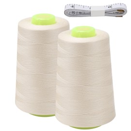 FOGAWA 5000 Yards Sewing Thread 2 Spools Overlocking Sewing Machine Polyester Thread Overlocker Thread 40S/2 Cream Sewing Thread Cones with Measuring Tape for Hand and Machine Sewing Crafts