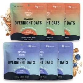 Mushroom Overnight Oats (6 Pack) Superfood Lions Mane Mushroom, Chia & Flax Seed - Organic Protein Oatmeal - High Fiber, Vegan, Gluten Free, Low Sugar - Easy Prep Plant Protein - Apple Cinnamon & Blueberry