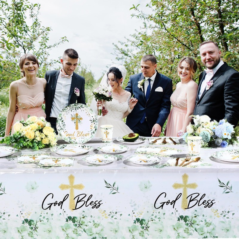 Ganeen 3 Pcs Green God Bless Baptism Tablecloth Disposable Plastic