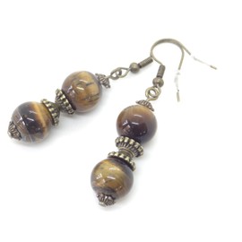 Set of Earrings and Necklace in Bronze with Pendant of Brown Tiger's Eye Beads and Tibetan Beads