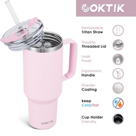 COKTIK 40 oz Tumbler With Handle and Straw Lid, 2-in-1 Lid (Straw/Flip), Vacuum Insulated Travel Mug Stainless Steel Tumbler for Hot and Cold Beverages,Easy to Clean (Blush)