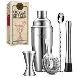 STNTUS Cocktail Shaker, Stainless Steel Cocktail Shaker, 750 ml Cocktail Shaker, Pack of 5 Professional Shaker Cocktail Set Accessories with Strainer, Measuring Cup, Bar Spoon, Muddler, Cocktail Mixer
