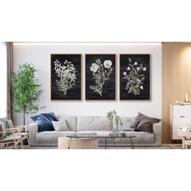 Large Botanical Wall Art for Living Room Natural Wood Float Framed Art Set of 3 White Flowers Pictures Artwork Green Leaf Canvas Prints for Bedroom Kitchen Home Office Wall Decor 20"X28"X3