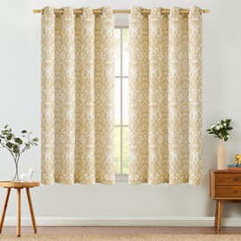 jinchan Curtains for Bedroom, Light Filtering 63 Inch Length 2 Panels Set, Farmhouse Style Linen Blend Drapes Living Room, Vintage Damask Curtains, Grommet Top Mustard Yellow on Flax, W52 X L63