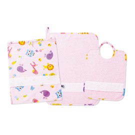 Filet - Set of three kindergarten embroidery canvas Aida, consisting of bag, towel and bib made of white sponge, 100% cotton, made in Italy, fantasy squares with pink background, pink