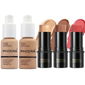 PHOERA Foundation,3 PCS Contour Stick Makeup Kit,Shades with Highlighter Stick,Blush Stick and Bronzer Contour,PHOERA Makeup Matte Natural Finish (104+105+Medium Contour/Buff Beige+Sand+#04,#07,#14)