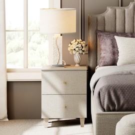 WAMPAT Nightstands with Charging Station & 2 Drawers Storage, Modern End Tables Mid-Century Wood Bedside Table with 2 AC Outlets & USB Ports for Living Room, Bedroom, Beige Faux Linen Finish