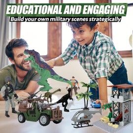 13PCS Military Combat Toy Sets with Watchtower Building Dinosaur Park For Toddler, Military Base with Army Vehicles & Helicopter,Military Soldier Action Figures, Christmas Birthday Gift for Kids Boy