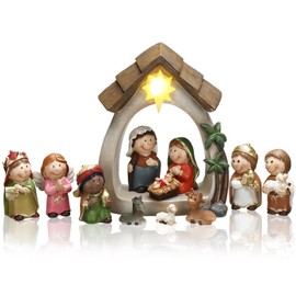 Sintuff 12 Pcs Mini Christmas Nativity Set with LED Light Includes Resin Manger and 11 Figurines Kids Nativity Scene Decor Religious Table Decorations for Christian Kids Desk Shelf Home Decor