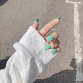 Allereya Coffin Long Press On Nails Matte Light Green False Nails Full Cover Acrylic Nails Lace Square Clip On Nails for Women and Girls, 24 Pieces (Green)