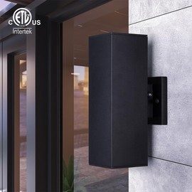 mirrea Modern Outdoor Porch Light Patio Light in 2 Lights Dusk to Dawn Photocell Sensor with Matte Black Aluminum Rectangular Tube and Tempered Glass Cover Waterproof Wall Sconce