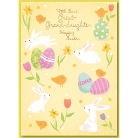Simon Elvin Great-Granddaughter Easter Card, Yellow Spring Design with Bunnies and Eggs, 13 x 19 cm