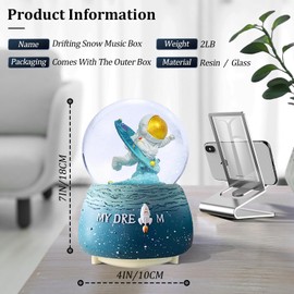 3D Crystal Ball Music Box, Astronaut LED Light Snow Globe Music Box 360°Rotating Kids Night Light Room Decor, Funny Gifts for Christmas Birthday Valentines Day, Music Boxes for Girls(Large-C)