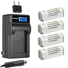 Kastar 4-Pack NB-9L Battery and LCD AC Charger Compatible with Canon NB-9L NB9L, NB-9LH NB9LH Battery, Canon CB-2LB, CB-2LBE Charger, Canon Powershot SD4500 is, IXUS 1000 HS, IXY 50S Digital Camera