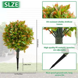 Artificial Boxwood Topiary Ball Trees Set of 2 with Ground Spike, 23.6 inch Height UV Resistant Fake Evergreen Shrubs Bushes Plants, Autumn Faux Greenery Plants for Outdoor Front Porch Garden
