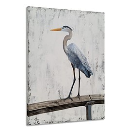 Yihui Arts Coastal Farmhouse Wall Art - Heron Painting with Textured - Realistic Bird Artwork - Vertical Animal Picture for Living Room Bedroom Bathroom Decor