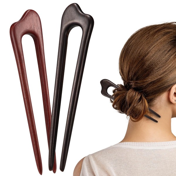 Noverlife 2PCS Wooden Hair Fork, Handcrafted Slick Mountain U Shape Hair Sticks for Classic Hairstyle, Sandalwood 2-Prong Hairpin Bun Maker, Japanese Hair Clip Vintage Women Girl Lady Hairstyle