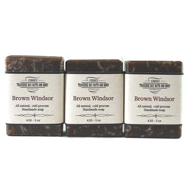 Brown Windsor, all natural handmade cold process soap, essential oil soap. 3 bar pack 15 + oz.