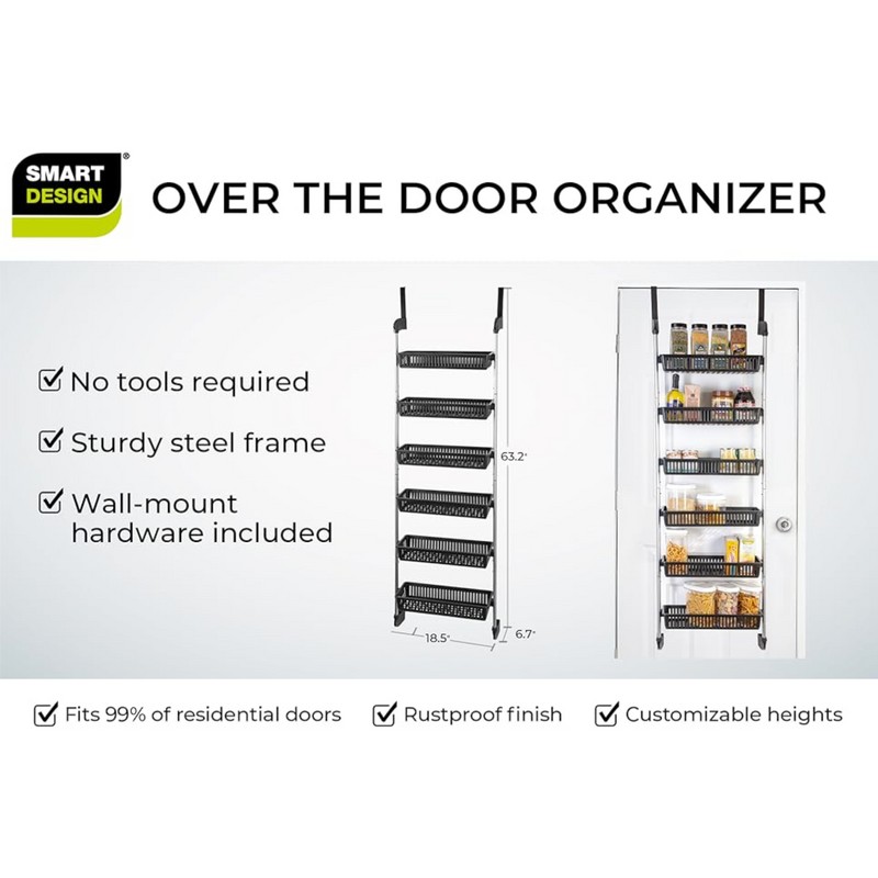 Smart Design Over-The-Door Organizer for Storage - 6 Adjustable Baskets