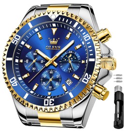 OLEVS Watches for Men Business Dress Big Face Classic Analog Quartz Blue Chronograph Multifunction Stainless Steel Calendar Waterproof Luminous Mens Wrist Watches