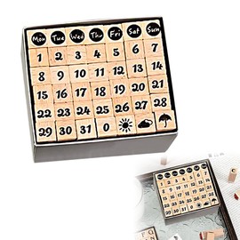 JetWave Wooden Stamps, Planner Stamps, Set of 42, Numbers, Day of the Week, Weather, Basic Design, Perfect for Notebooks, DIY, Mini, Simple, Decorative