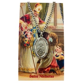 Saint Nicholas Pewter Medal on a Stainless Steel Chain with Holy Card Real Santa Boxed Set, 1 1/4 Inch, Metal, No Gemstone