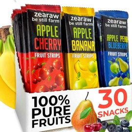 ZEARAW Healthy Fruit Snacks for Adults and Kids – 30 Fruit Leather with Dried Apple-Cherry, Apple-Banana, Apple-Pear-Blueberry – Vegan Low-Carb Variety Pack Strips for Kids – Sugar Free Bars