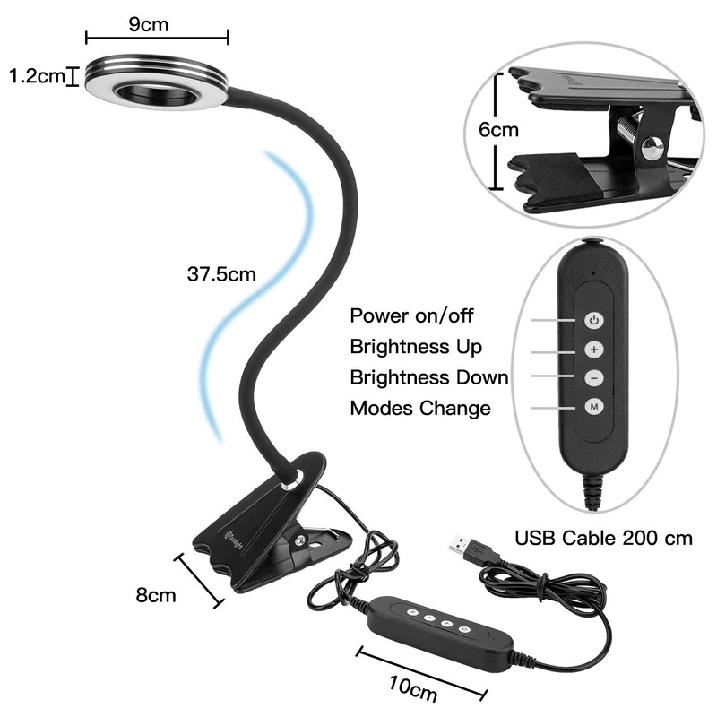 CeSunlight Clip Light, 8W Clamp Bed Lamp, Bedside Led Reading