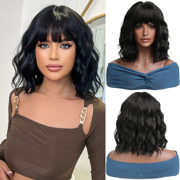 Esmee Bangs, Short Black Bob Wigs for Women, Wavy Bob