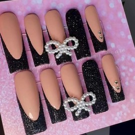 Black Glitter French - Elegant Glitter Finish, Lightweight Design, Ideal for Special Occasions and Events - Size: M