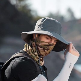 Men's Beach-Sun-Hat UPF50+ Wide-Brim Sun-Protection Mesh-Fishing Hat Outdoor Foldable-Bucket Safari Hat Boonie Cap Dark Grey