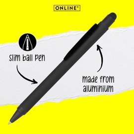 Online ballpoint pen, retractable ball pen made out of aluminum, stylus-tip, replaceable refill, premium writing experience with black writing colour, durable design, colour black
