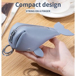 Whale-Shaped Leather Coin Purse Keychain, Cute Animal Pouch for Coins, Keys & Cards, Mini Zippered Key Ring Holder Pendant (Blue)
