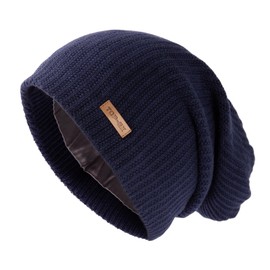 TOP-EX XL/XXL Merino Wool Satin Lined Slouchy Beanie Men Women Warm Winter Hat Big Large Head Knit Hat Navy Blue XL/XXL