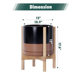 D'vine Dev Ceramic Planter with Natural Stand - 12 Inch Modern Round Flower Pot with Wood Planter Holder, Black/Speckled Tan, 55-B-J-7