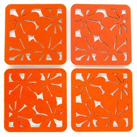 Square Floral Cutwork Reversible Felt Coasters, Set of 4 (Orange)
