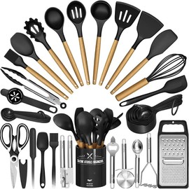 34PCS Kitchen Utensils Set-  Silicone Cooking Utensils with Holder,  Heat Resistant Kitchen Utensil Spatula Set for Nonstick Cookware, Black Wooden Handles Kitchen Gadgets Tools Set - Color: Black