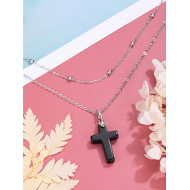 CrystalTears Black Obsidian Crystal Cross Necklace for Women Double Layered Beaded Necklace Gothic Healing Crystal Gemstone Cross Pendant Jewellery Gifts for Women Mum Birthday Christmas