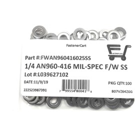 1/4" AN960-416 Mil-Spec Flat Washers Stainless Steel AN960-416 (1/4 ID x 1/2 OD x.062 THK) 100 Pieces