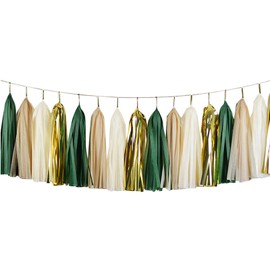 Shiny Tassel Garland Tissue Paper Tassel Banner,Table Decor,DIY Kits for Tassels Party Decoration,Pack of 20 - (Green/Gold/Beige/Khaki)