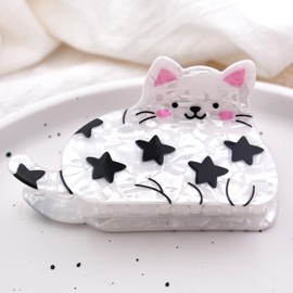 White Cat Design Hair Claws for Medium Thick Hair Non Slip 3.5" Cute Stars Cat Hair Clip Women Girls Hair Accessories, Stars Cat