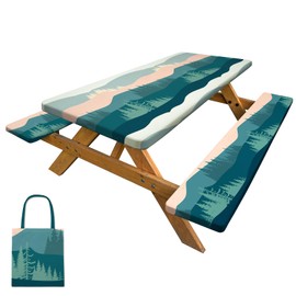 Picnic Table Cover with Bench Covers Camping Tablecloth with Storage Bag Windproof Waterproof Picnic Table Covers with Elastic for Camping