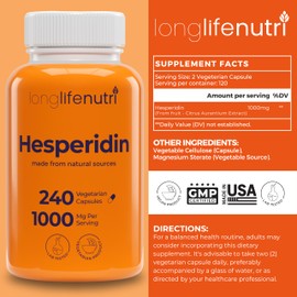 Hesperidin 1000mg, 240 Capsules (4 Month Supply), Supports Cardiovascular Health, Blood Pressure & Circulation, Immune Support, Potent Antioxidant & Vascular Function Benefits, Made in USA