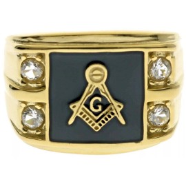 Masonic Mason Black Enamel Men's Ring 4 Cz Accents 18k Gold Overlay Size 10 T37