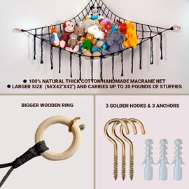 ABBY BABY Large Stuffed Animal Hammock Corner - Stuffed Animal Storage - 100% Natural Cotton Macrame Stuffed Animal Net - Stuff Animal Organizer - Net For Stuffed Animals Corner Large-Black