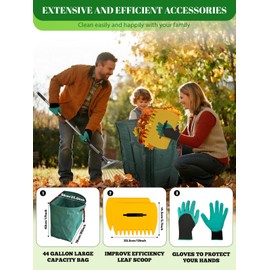 Adjustable Metal Leaf Rake Set Garden Rake for Leaves Long Handle 37"-63" Expandable Head Gardening Tools Set Includes 44 Gallon Bag & Scoop & Gloves Rakes for Lawns Heavy Duty for Yard Lawn Garden
